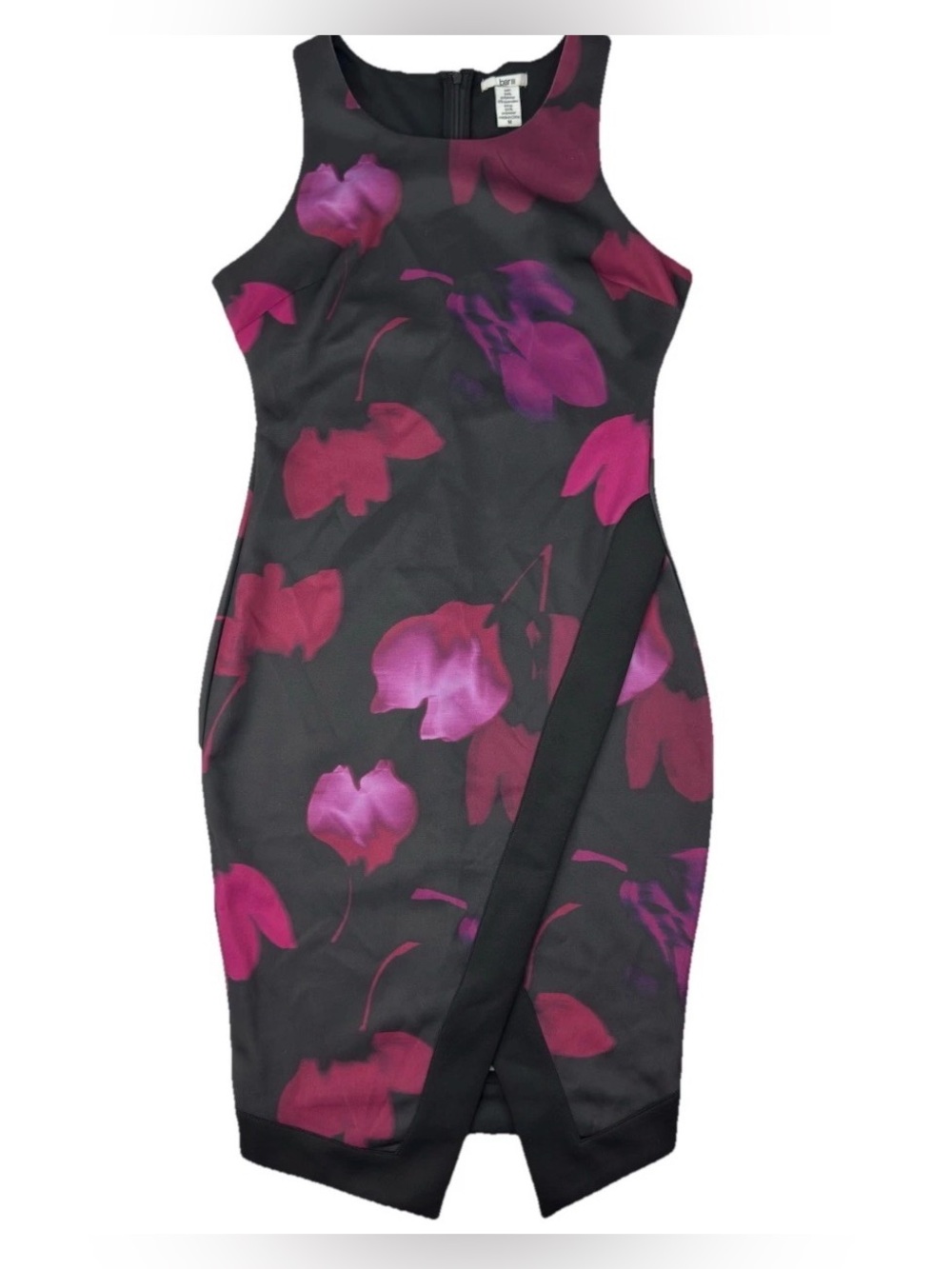 Bar III Black Pink Floral Asymmetrical Sheath Dress M